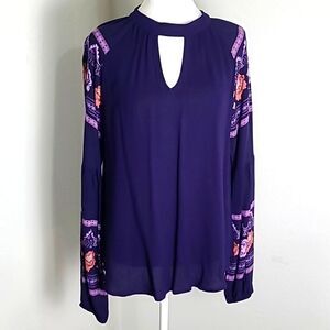 Aina be Navy Blue Top, Choker Neckline Cut-out, Long Bell Sleeves w/Flowers, Med